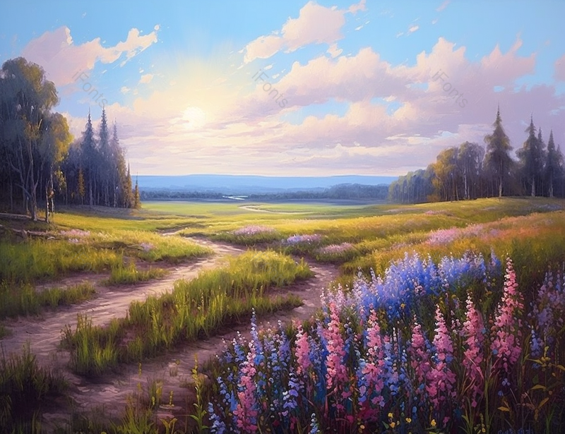 蓝天白云下森林中的草地花簇野花盛开着在小路小道边,插画/手绘图,插画/手绘图库,插画/手绘图下载,插画/手绘